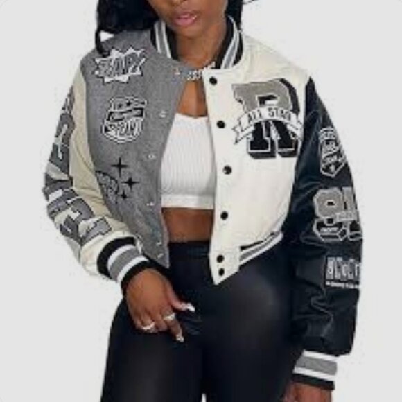 Smoke Rise All-Star Womens Varsity Jacket XL Cropped Grey Wool Blend Urbanwear - Picture 2 of 11